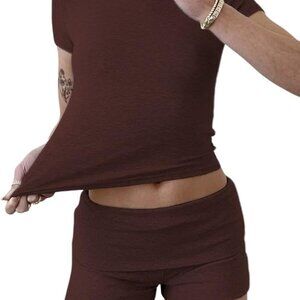 Women's Casual Workout Two Piece Outfits Slim Short Sleeve Low Waist Foldover Sh